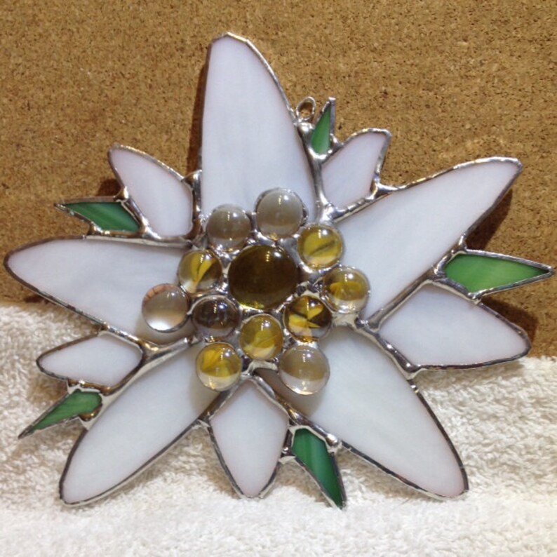White Edelweiss Flower Stained Glass Suncatcher Etsy