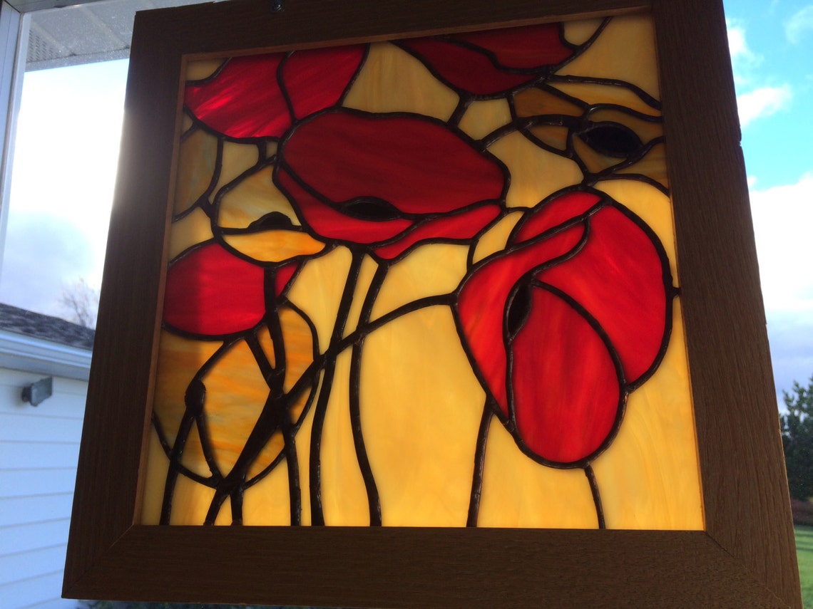 Square red poppy flower stained glass panel with oak frame Etsy