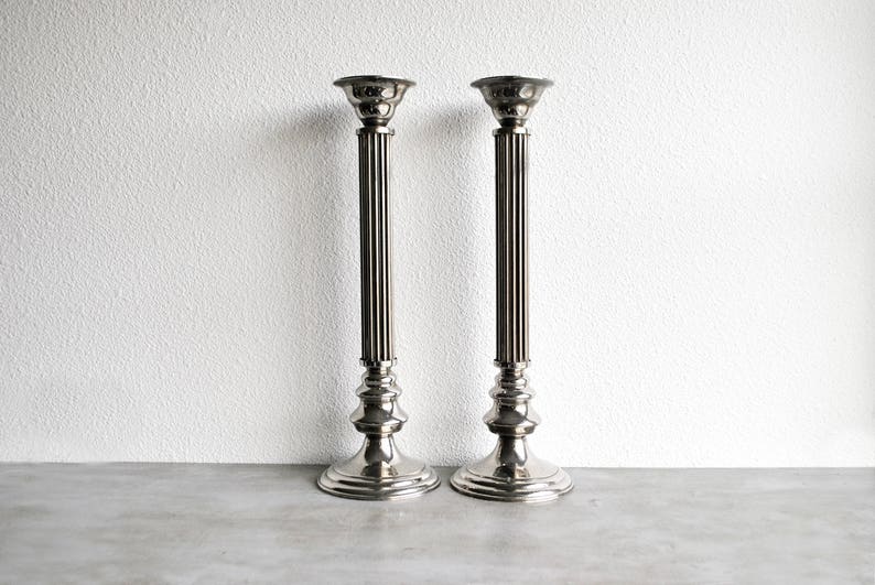 18 Tall Art Deco Candlesticks Statement Pieces Silver Vintage Unique Design Eclectic Cottage Hollywood Regency Boho Design