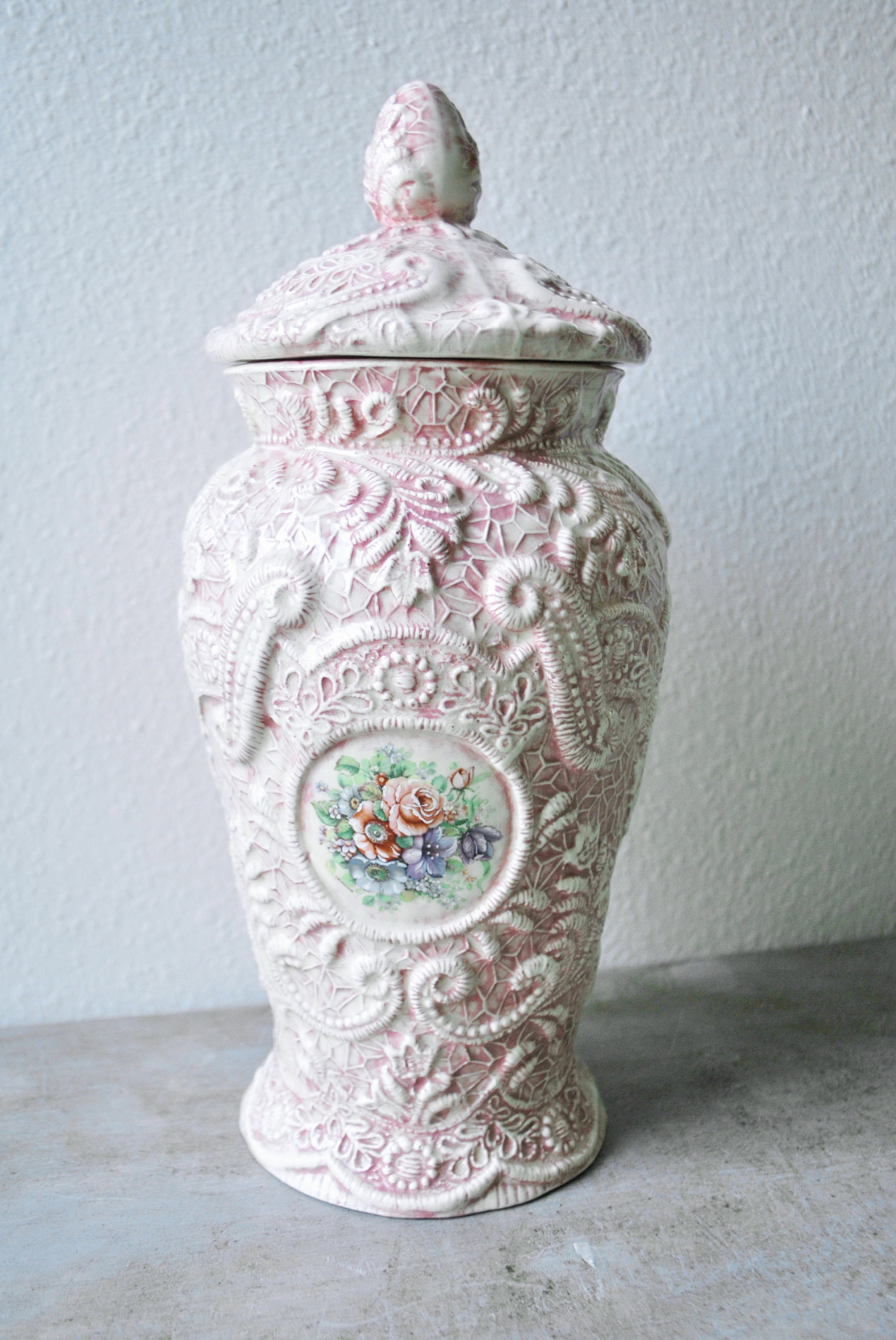 Tall Pink Ceramic Lidded Jar / French English Floral Textural Etsy