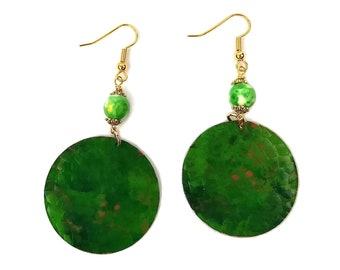 Emerald Green Dragon Skin Round Earrings, Gold Plated Earrings, Nickel Free Earrings, Fun Earrings, Forrest Green, Boho Style, Kelly Green