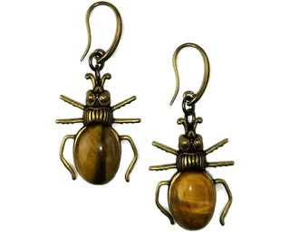 Brass Tigers Eye Bug Earrings - Brown Beetle Insect Jewelry - Nickel Free - Quirky Gift for Entomologist Lovers - Boho Style
