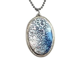 Baby Blue Oval Clay Pendant, Silver Plated Pewter, Boho Style, Leaf Motif, Pale Blue, Unique One of a Kind, Soft Blue, Light Blue, Sky Blue