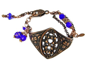 Antique Copper Floral Filigree Cobalt Blue Cuff Bracelet - Boho Style - Gift for Mothers Day - Prom Jewelry