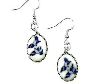 Silver Plated Oval Blue Willow Love Birds Earrings - Nickel Free - Simple Jewelry - Gift for Mothers Day