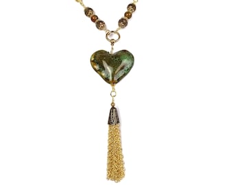 Forest Green & Brown Heart Pendant Tassel Necklace, Gold Plated Brass, Unique One of a Kind, Sweetheart Valentine's Gift Handmade Jewelry