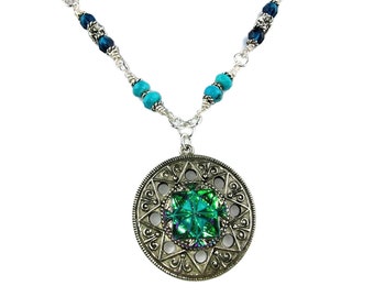 Iridescent Aqua Blue Necklace - Round Silver Plated Aztec Star Pendant - Simple Jewelry - Gift for Mothers Day