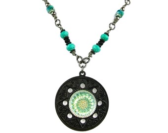 Sparkling Aqua Blue Necklace - Round Black Aztec Sun Pendant - Simple Jewelry - Boho Style  - Gift for Mothers Day