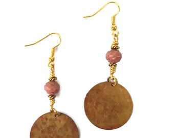 Rose Pink Round Brass Earrings, Nickel Free, Gold Plated, Boho Style, Lightweight Earrings, Feminine Earrings, Baby Pink Earrings, Carnation