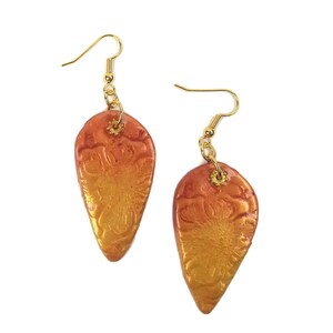 Tangerine Orange & Gold Upside Down Teardrop Shaped Clay Earrings, Gold Plated Brass, Nickel Free, Unique One of a Kind, Sunny Earrings image 1