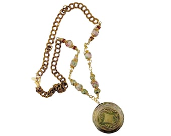Vintage Blooms Handmade Locket Necklace - Mint Green - Rose Pink - Gold Plated Brass - Vintage Style