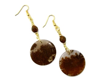 Reddish Brown Moss Agate Earrings - Nickel Free Gold Plated Brass - Neutral Jewelry - Long Shoulder Dusters - Boho Style - Gift for Mom