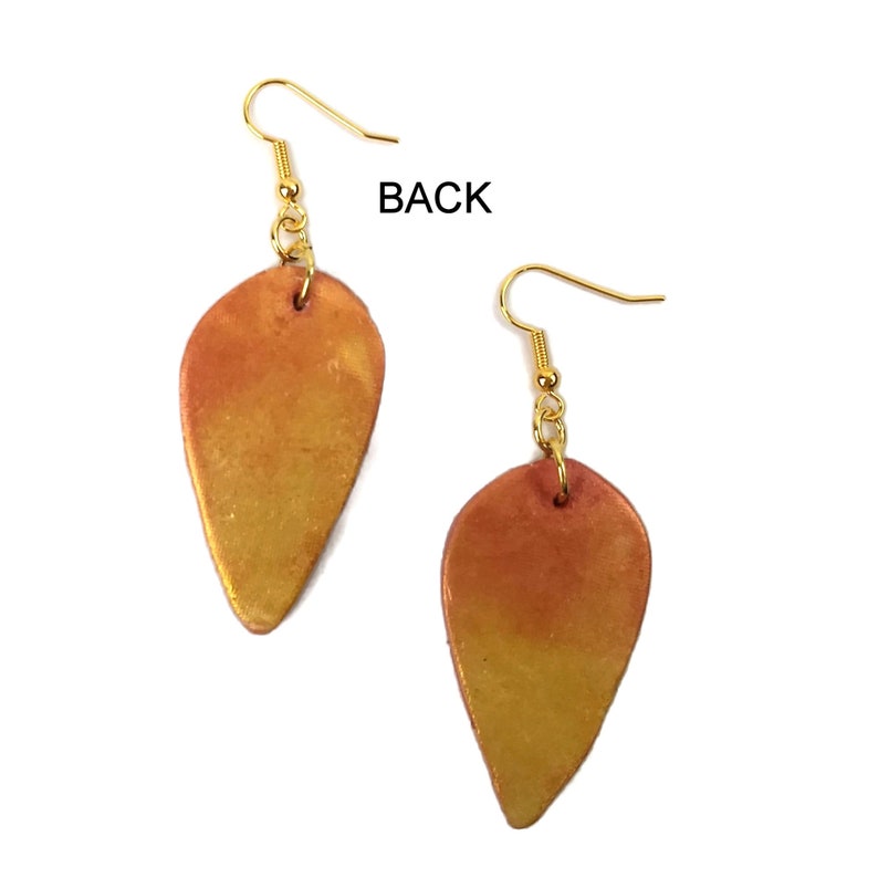 Tangerine Orange & Gold Upside Down Teardrop Shaped Clay Earrings, Gold Plated Brass, Nickel Free, Unique One of a Kind, Sunny Earrings image 3