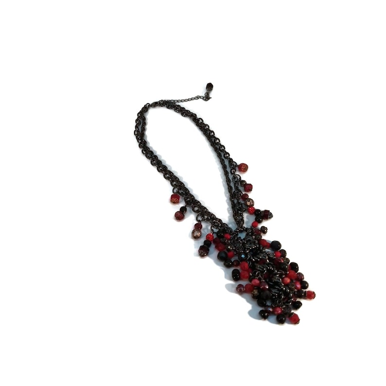 Red /& Black Y Fringe Statement Necklace Gunmetal Chain Nickel Free Tassel Necklace Unique One of a Kind Gothic Jewelry Lead Free
