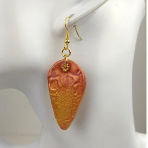 Tangerine Orange & Gold Upside Down Teardrop Shaped Clay Earrings, Gold Plated Brass, Nickel Free, Unique One of a Kind, Sunny Earrings image 2