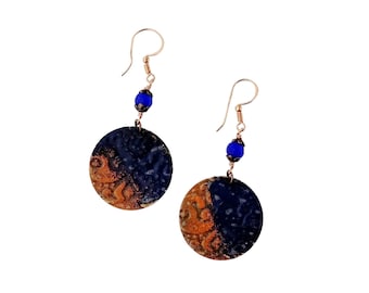 Handcrafted Copper Embossed Earrings - Navy Blue and Burnt Orange - Nickel Free - Lightweight