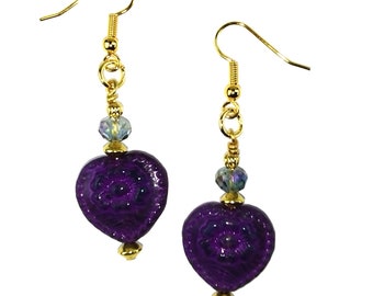 Royal Purple Heart Earrings - Nickel Free - Gold Plated Jewelry - Valentines Day Gift for Mom - Boho Style