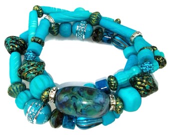 Layered Bone Bead Aqua Blue Fire Agate Gemstone Stretch Bracelets - Rhinestone Sparkling Jewelry - 3 piece set - Gift for Women - Boho Style