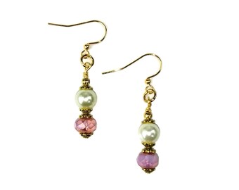 Pink & White Glass Pearls Beaded Drop Earrings, Gold Plated Earrings, Nickel Free Earrings, Petite Earrings, Dainty Earrings, Tiny Earrings