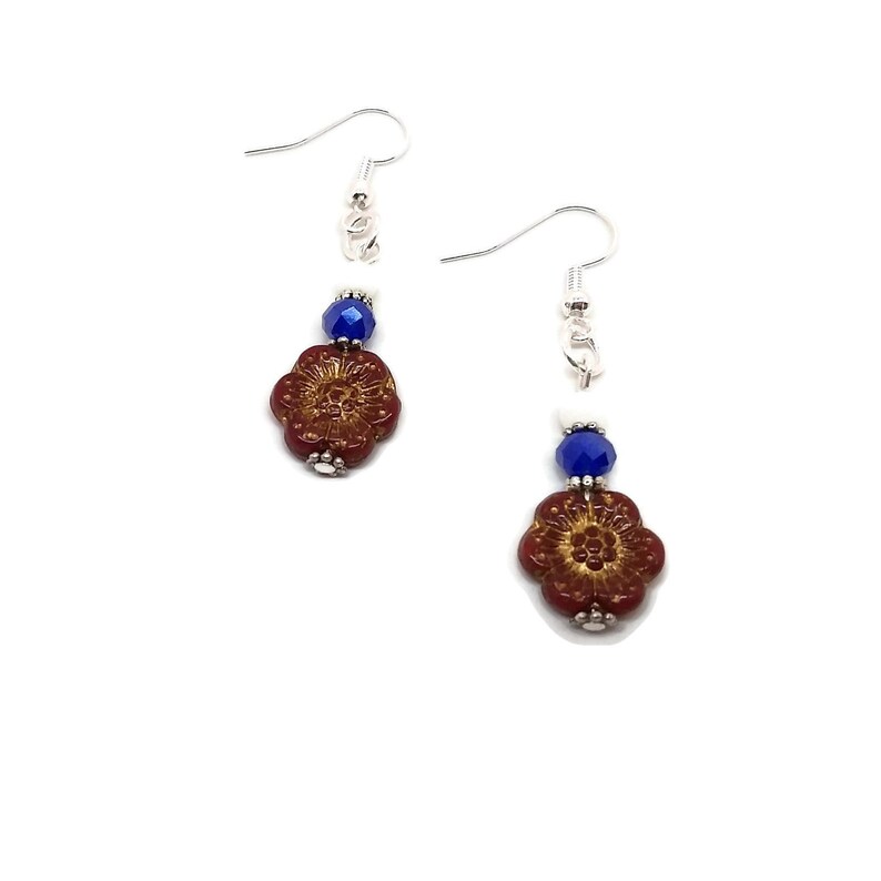 Cornflower Daisy Independence Day Red White Blue Flower Drop Earrings Nickel Free Wild Rose Floral Unique One of a Kind Handmade