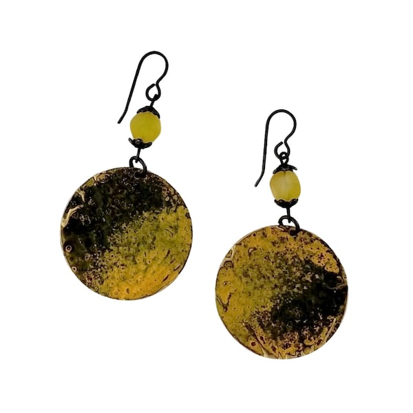Sunlit Radiance Brass Earrings - Hand-Painted - Yellow & Black - Nickel Free - Gunmetal - Round Dangles