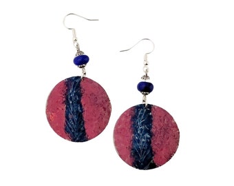 Artisan Feather Etched Earrings - Pale Pink and Prussian Blue - Nickel Free - Lightweight - Round