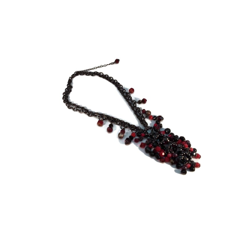 Red /& Black Y Fringe Statement Necklace Gunmetal Chain Nickel Free Tassel Necklace Unique One of a Kind Gothic Jewelry Lead Free