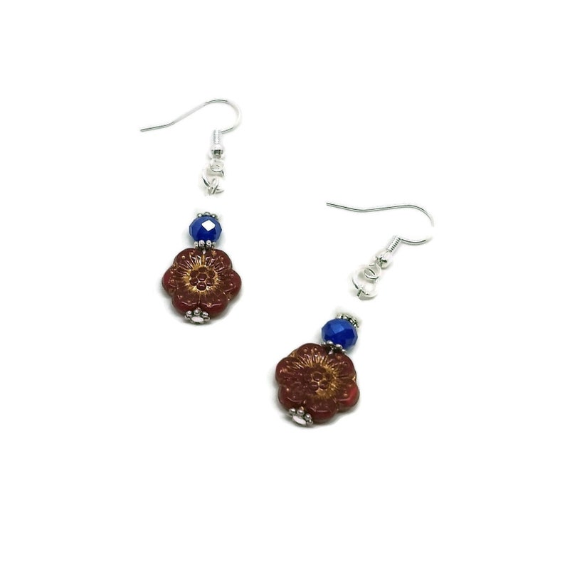 Cornflower Daisy Independence Day Red White Blue Flower Drop Earrings Nickel Free Wild Rose Floral Unique One of a Kind Handmade