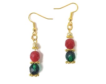 Ruby Red & Emerald Green Earrings, Gold Plated Earrings, Nickel Free Earrings, Christmas Earrings, Holiday Jewelry, Xmas Earrings, Petite