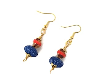 Red & Blue Gold Plated Nickel Free Earrings, Saucer Earrings, Patriotic Earrings, 4th of July Earrings, Independence Day Jewelry, Boho