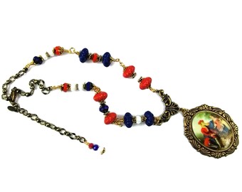 Red White & Blue Painting of Man and Child Necklace with Earrings Set, Nickel Free, Patriotic Jewelry, 4th of July, Portrait Pendant, Brass