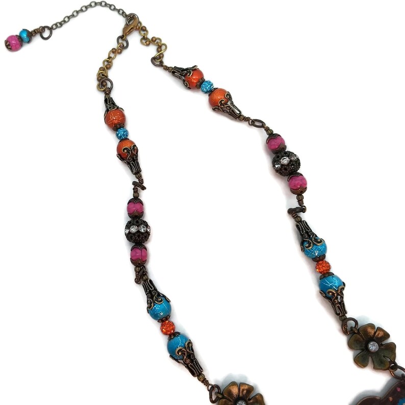 Aqua Blue Floral Sparkly Rhinestones Colorful Insect Butterflies Hot Pink Unique One of a Kind Orange Brass Butterfly /& Flowers Necklace