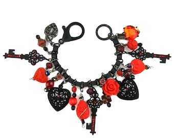 Ruby Red and Black Goth Cha Cha Charm Bracelet - Cinnabar Hearts & Flowers Bead Jewelry - Key Charms - Sparkling Rhinestones - Punk Style