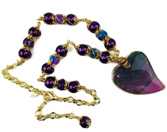 Purple & Blue Dragon's Vein Agate Heart Pendant Gold Plated Necklace - Valentines Day Jewelry - Handmade Gift For Sweetheart