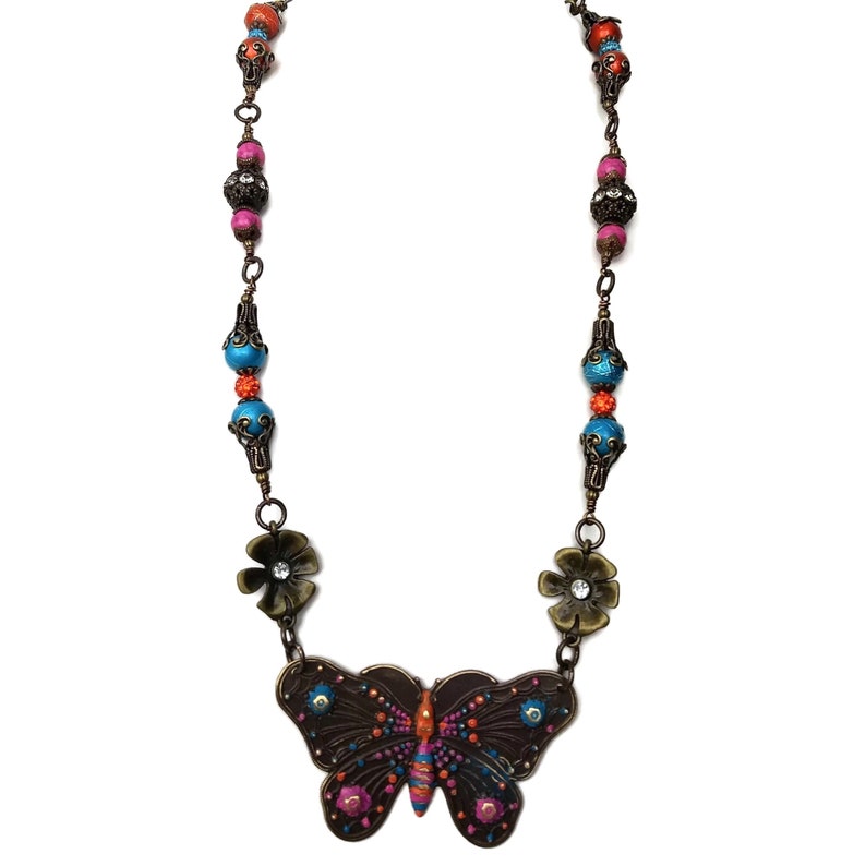 Aqua Blue Floral Sparkly Rhinestones Colorful Insect Butterflies Hot Pink Unique One of a Kind Orange Brass Butterfly /& Flowers Necklace