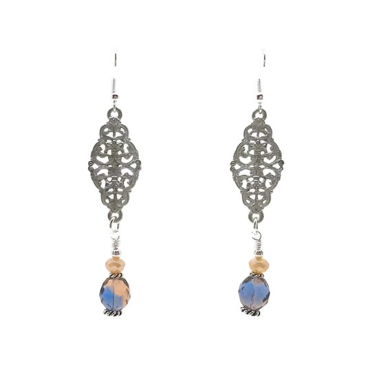 Peach & Sky Blue Victorian Lace Pewter Beaded Drop Earrings | Etsy