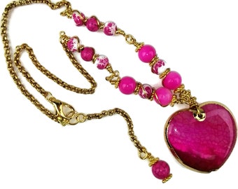 Pink Dragon's Vein Agate Heart Pendant Beaded Necklace, Valentines Day, Barbie Pink, Sweetheart Jewelry, Gold Plated, Gift for Her