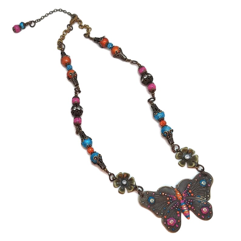 Aqua Blue Floral Sparkly Rhinestones Colorful Insect Butterflies Hot Pink Unique One of a Kind Orange Brass Butterfly /& Flowers Necklace