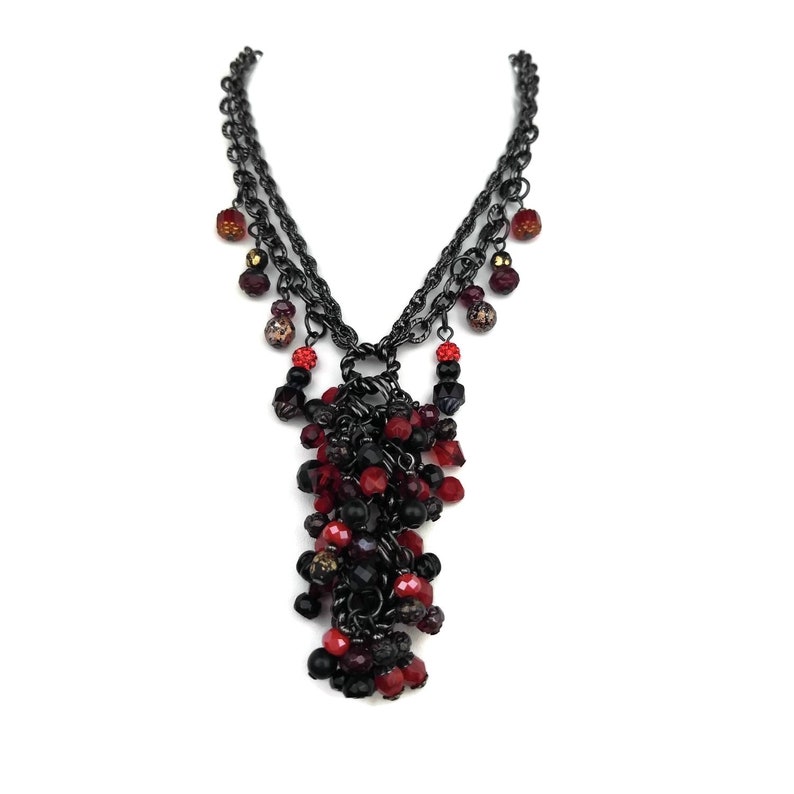 Red /& Black Y Fringe Statement Necklace Gunmetal Chain Nickel Free Tassel Necklace Unique One of a Kind Gothic Jewelry Lead Free