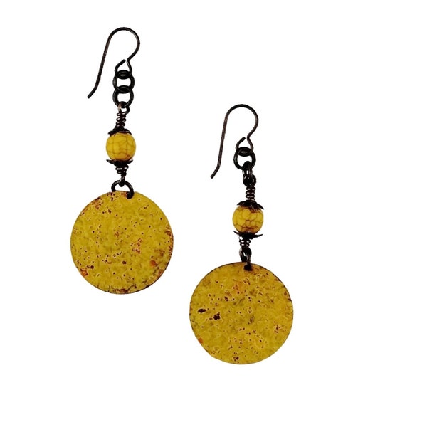 Golden Yellow Painted Brass Round Earrings - Nickel Free - Handmade Jewelry - Lightweight Design - Boho Style