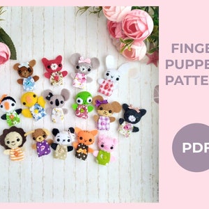 Handmade DIY PDF PATTERN of mini finger puppets toys made from wool felt, fabric animals pretend to play set. Make a toys pattern.