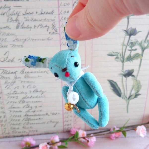 Blue teddy bear bunny rabbit. Tiny pocket travel toy. Dollhouse diorama toy. Custom blythe toy pet. Handmade stuffed animal toy.