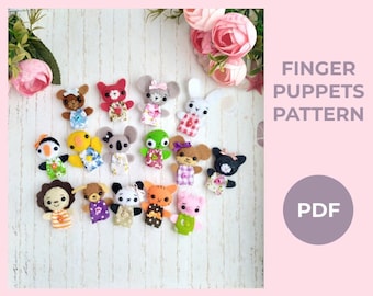 Handmade DIY PDF PATTERN of mini finger puppets toys made from wool felt, fabric animals pretend to play set. Make a toys pattern.