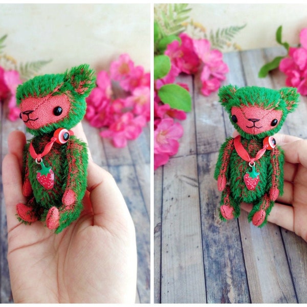 Handmade OOAK art teddy bear red green strawberry stuffed plush animal toy. Pocket travel toy. Diorama, dollhouse toy. Custom blythe pet toy