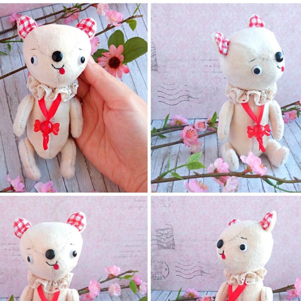 Kitschy red and beige teddy bear. Stuffed plush soft toy. Gift for birthday.