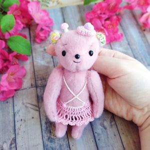 Pink handmade stuffed soft animal plushie teddy bear. Toy for custom blythe, bjd dolls, dollhouse, diorama.