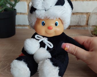 Vintage 1980s Panda Monchhichi like toy with pacifier. Removable hat. Cute rubber doll.