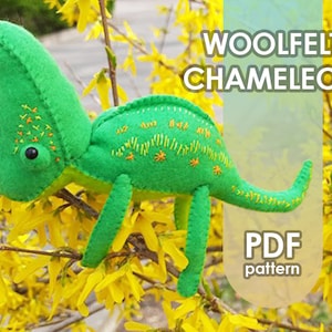 May include: A green wool felt chameleon with embroidered details, sitting on a branch of yellow flowers. The text "WOOLFELT CHAMELEON PDF pattern" is visible in the image.