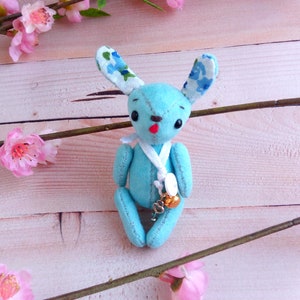 Blue teddy bear bunny rabbit. Tiny pocket travel toy. Dollhouse diorama toy. Custom blythe toy pet. Handmade stuffed animal toy.