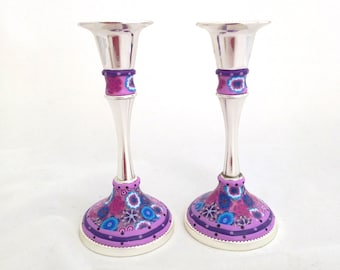 Small Candle Holders, Table Decoration, Purple Candlesticks, Bat Mitzvah Gift, Wedding Candles Holder, Jewish Art Gift, Candle Centerpiece